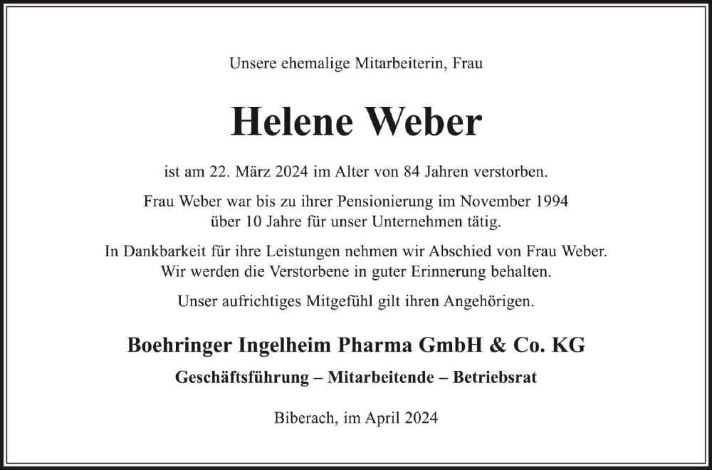  Traueranzeige für Helene Weber vom 12.04.2024 aus Schwäbische Zeitung