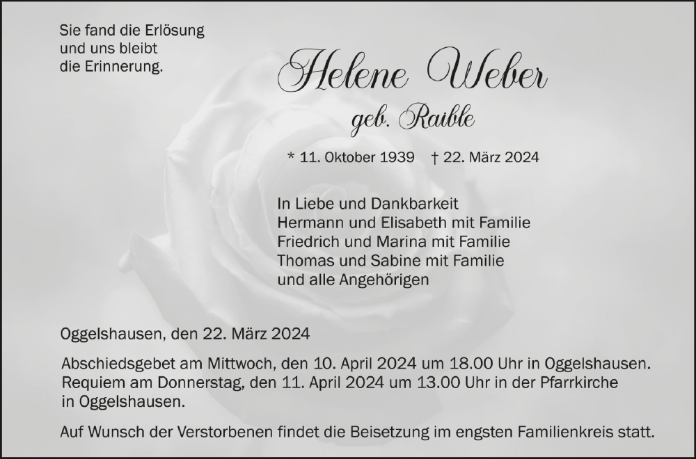  Traueranzeige für Helene Weber vom 06.04.2024 aus Schwäbische Zeitung