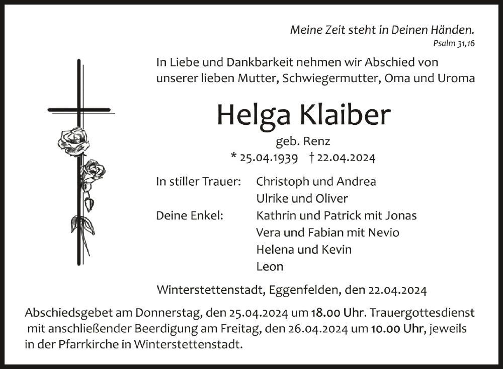  Traueranzeige für Helga Klaiber vom 24.04.2024 aus Schwäbische Zeitung