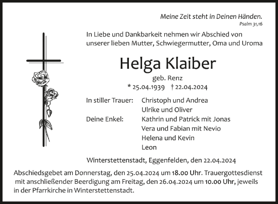 Anzeige von Helga Klaiber von Schwäbische Zeitung
