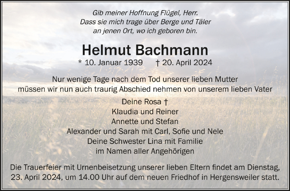  Traueranzeige für Helmut Bachmann vom 23.04.2024 aus Schwäbische Zeitung