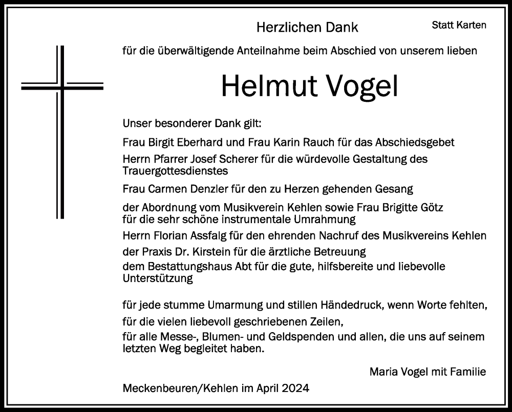  Traueranzeige für Helmut Vogel vom 20.04.2024 aus Schwäbische Zeitung