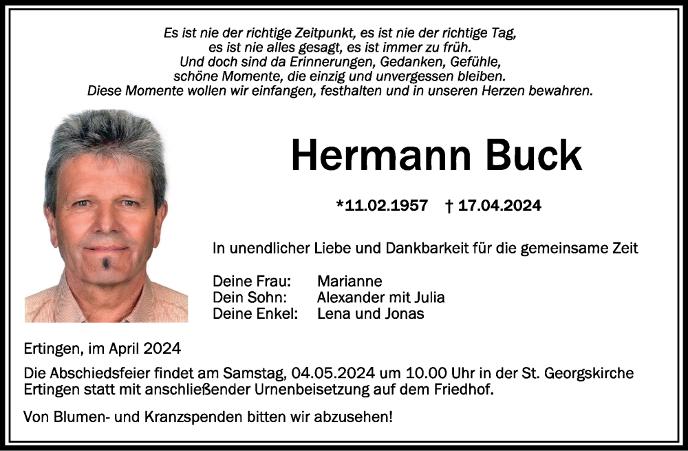  Traueranzeige für Hermann Buck vom 30.04.2024 aus Schwäbische Zeitung