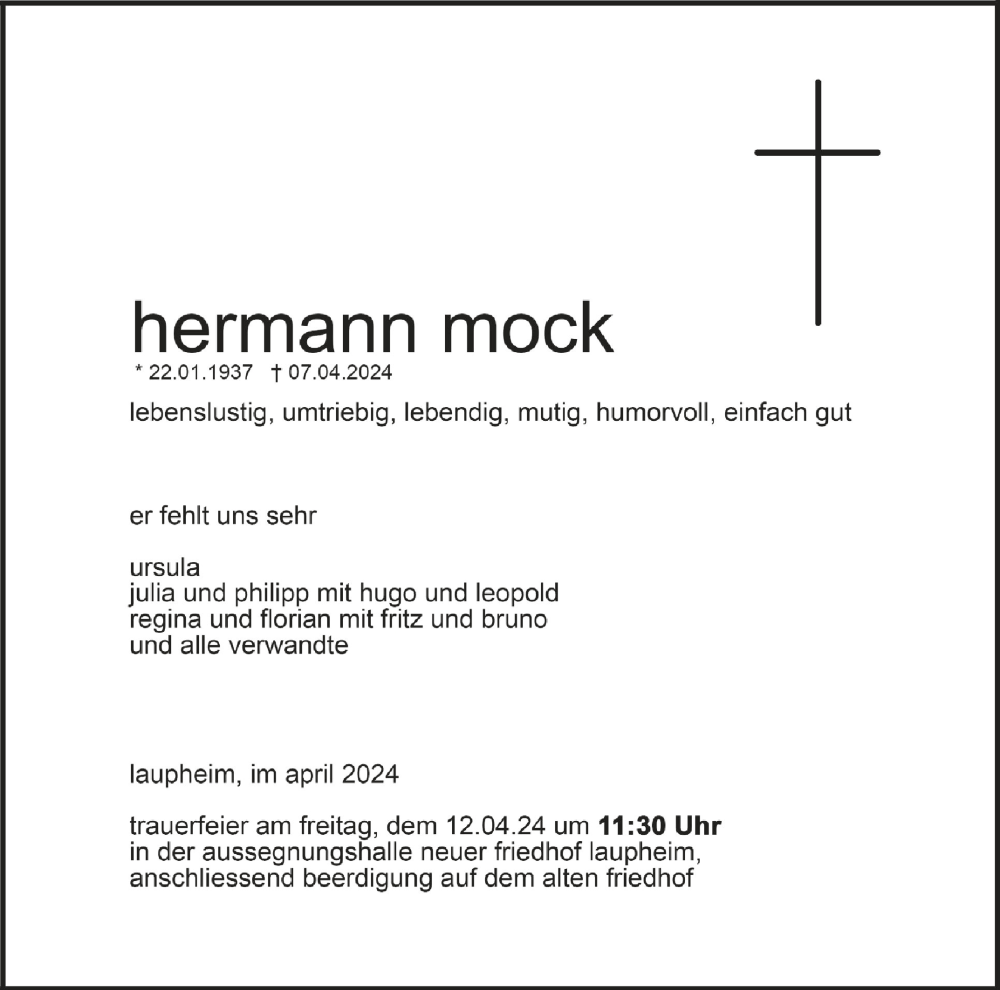  Traueranzeige für Hermann Mock vom 10.04.2024 aus Schwäbische Zeitung