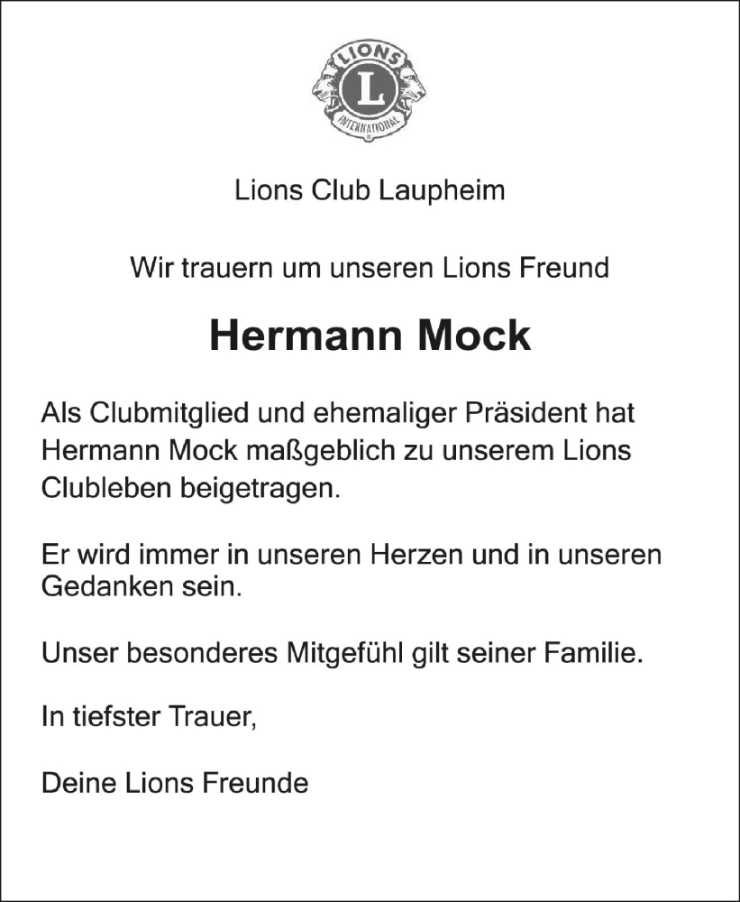 Traueranzeige für Hermann Mock vom 12.04.2024 aus Schwäbische Zeitung
