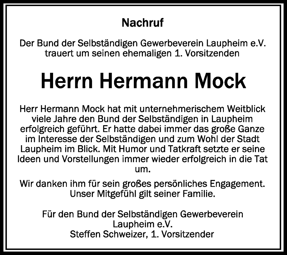  Traueranzeige für Hermann Mock vom 11.04.2024 aus Schwäbische Zeitung