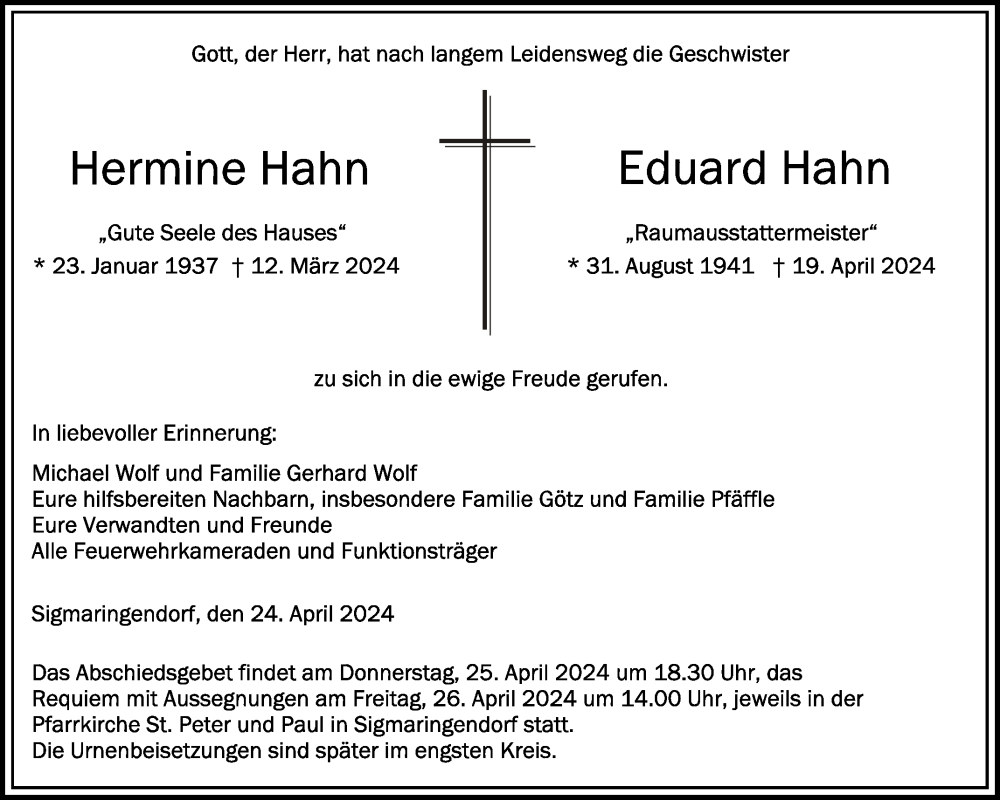  Traueranzeige für Hermine und Eduard Hahn vom 24.04.2024 aus Schwäbische Zeitung