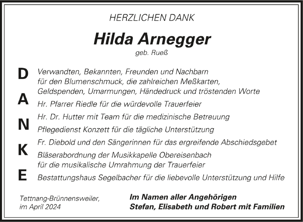  Traueranzeige für Hilda Arnegger vom 20.04.2024 aus Schwäbische Zeitung