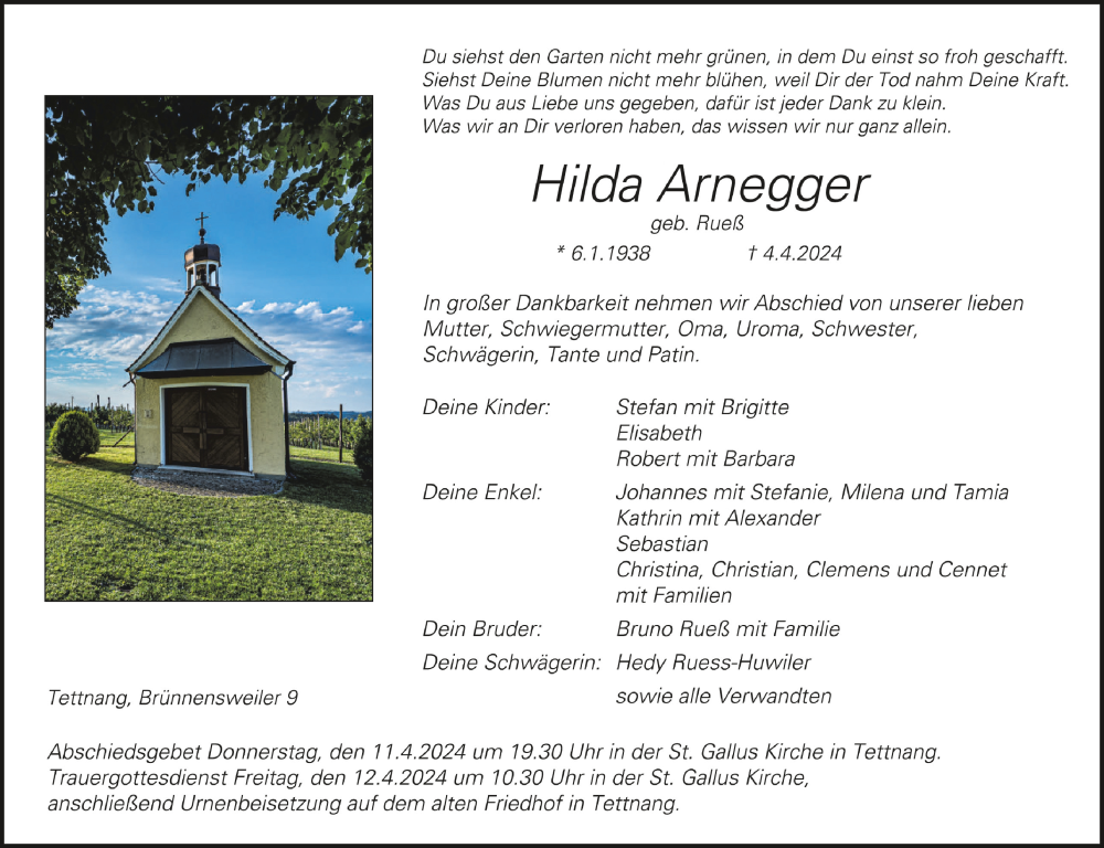  Traueranzeige für Hilda Arnegger vom 06.04.2024 aus Schwäbische Zeitung