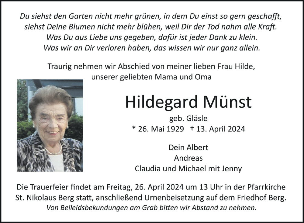  Traueranzeige für Hildegard Münst vom 20.04.2024 aus Schwäbische Zeitung