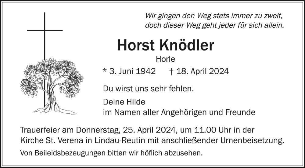  Traueranzeige für Horst Knödler vom 20.04.2024 aus Schwäbische Zeitung