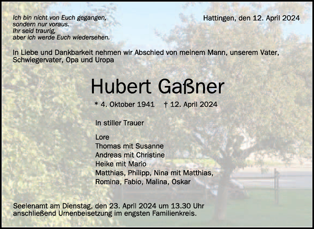  Traueranzeige für Hubert Gaßner vom 20.04.2024 aus Schwäbische Zeitung
