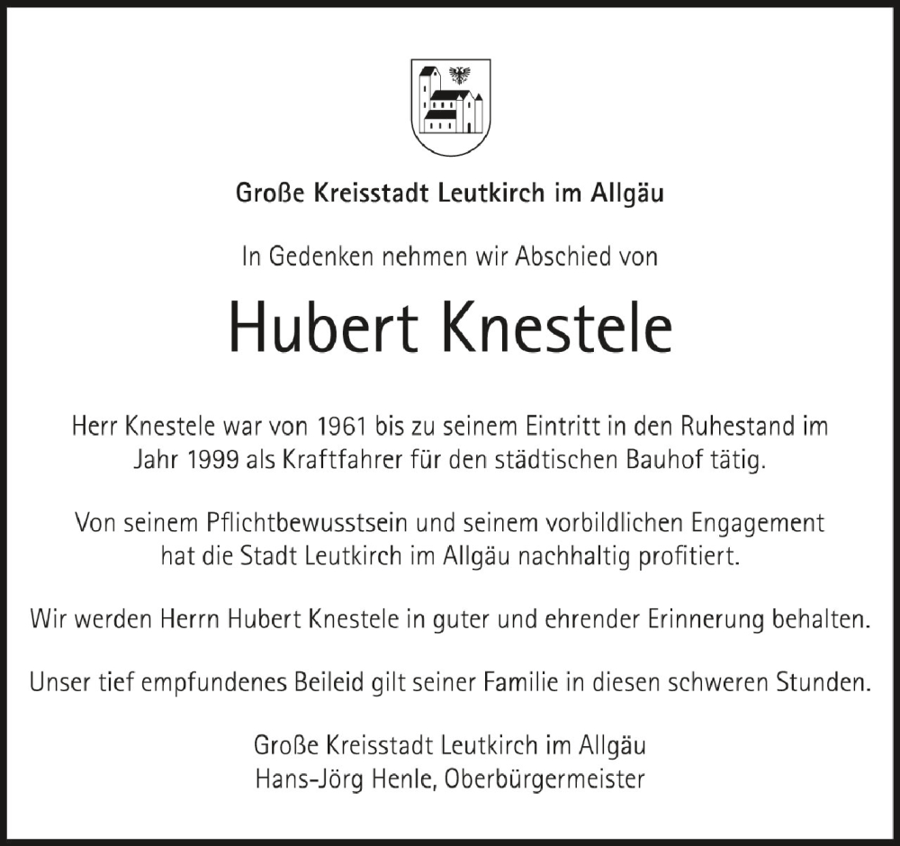  Traueranzeige für Hubert Knestele vom 29.04.2024 aus Schwäbische Zeitung