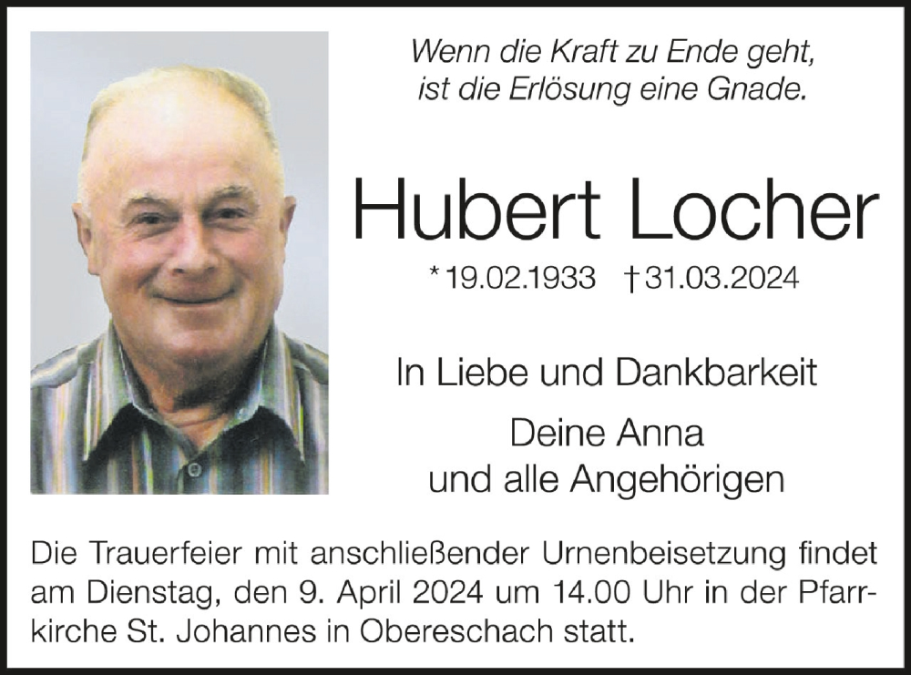  Traueranzeige für Hubert Locher vom 06.04.2024 aus Schwäbische Zeitung