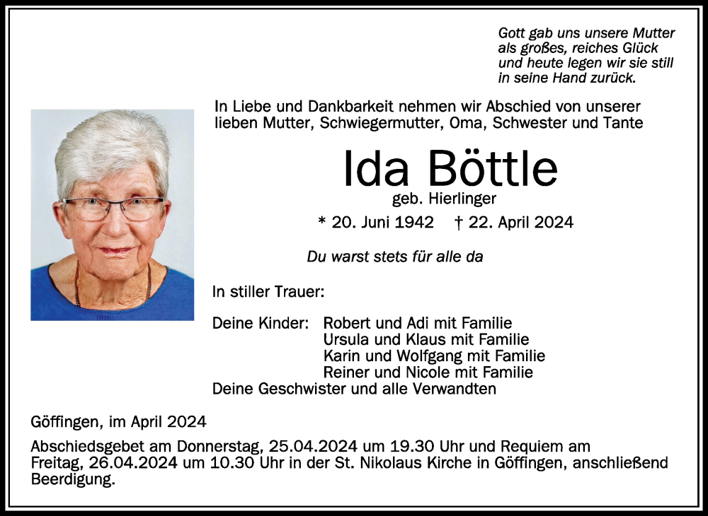  Traueranzeige für Ida Böttle vom 24.04.2024 aus Schwäbische Zeitung