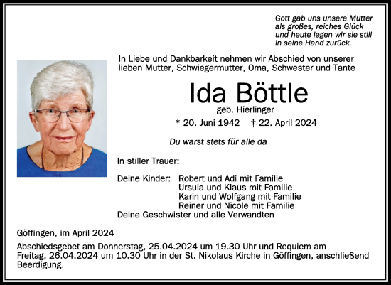 Anzeige von Ida Böttle von Schwäbische Zeitung