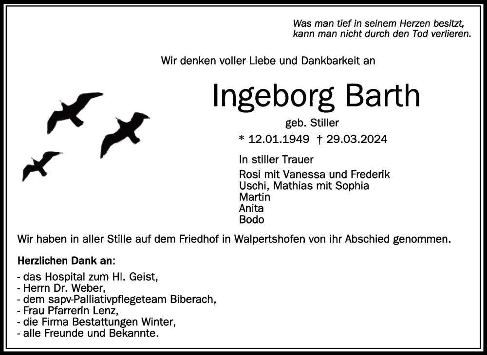  Traueranzeige für Ingeborg Barth vom 17.04.2024 aus Schwäbische Zeitung
