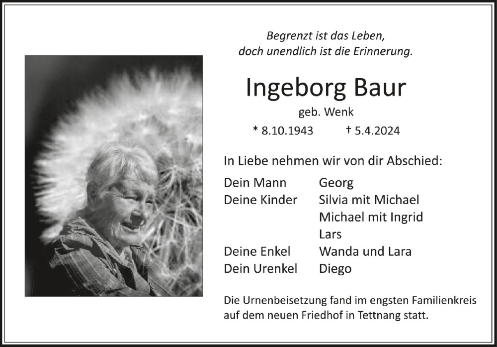  Traueranzeige für Ingeborg Baur vom 17.04.2024 aus Schwäbische Zeitung