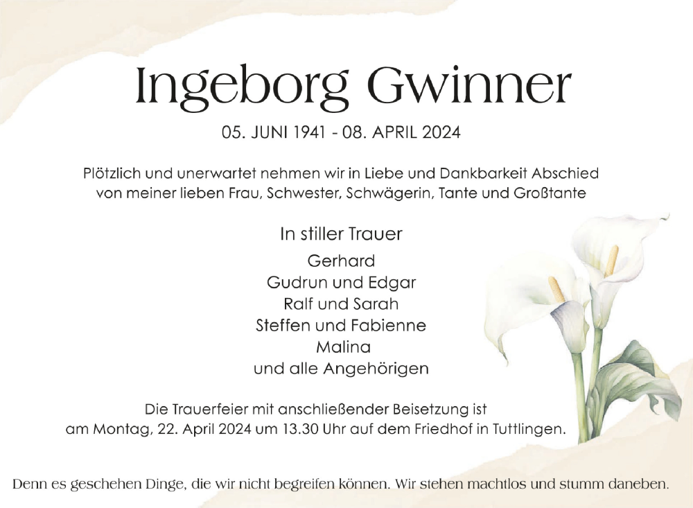  Traueranzeige für Ingeborg Gwinner vom 17.04.2024 aus Schwäbische Zeitung