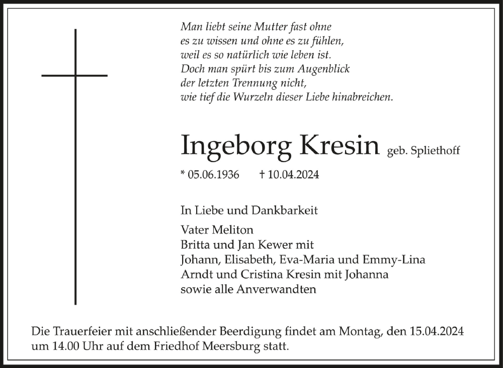  Traueranzeige für Ingeborg Kresin vom 13.04.2024 aus Schwäbische Zeitung