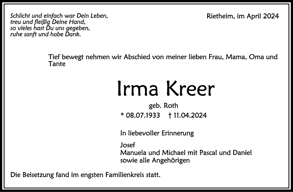  Traueranzeige für Irma Kreer vom 20.04.2024 aus Schwäbische Zeitung