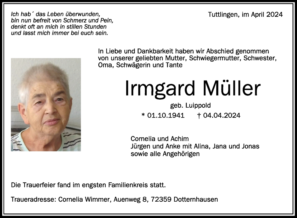  Traueranzeige für Irmgard Müller vom 13.04.2024 aus Schwäbische Zeitung
