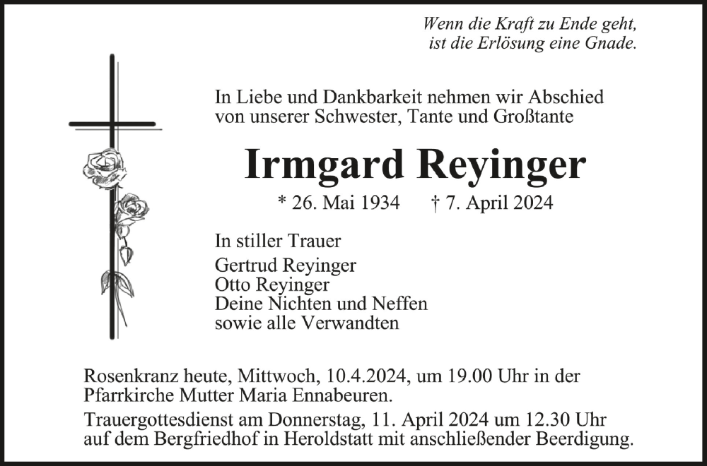  Traueranzeige für Irmgard Reyinger vom 10.04.2024 aus Schwäbische Zeitung