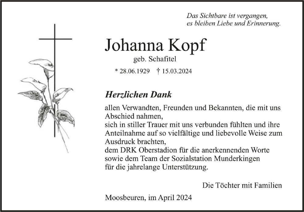  Traueranzeige für Johanna Kopf vom 06.04.2024 aus Schwäbische Zeitung