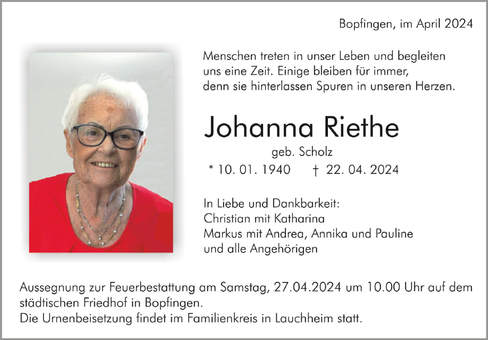  Traueranzeige für Johanna Riethe vom 25.04.2024 aus Schwäbische Zeitung