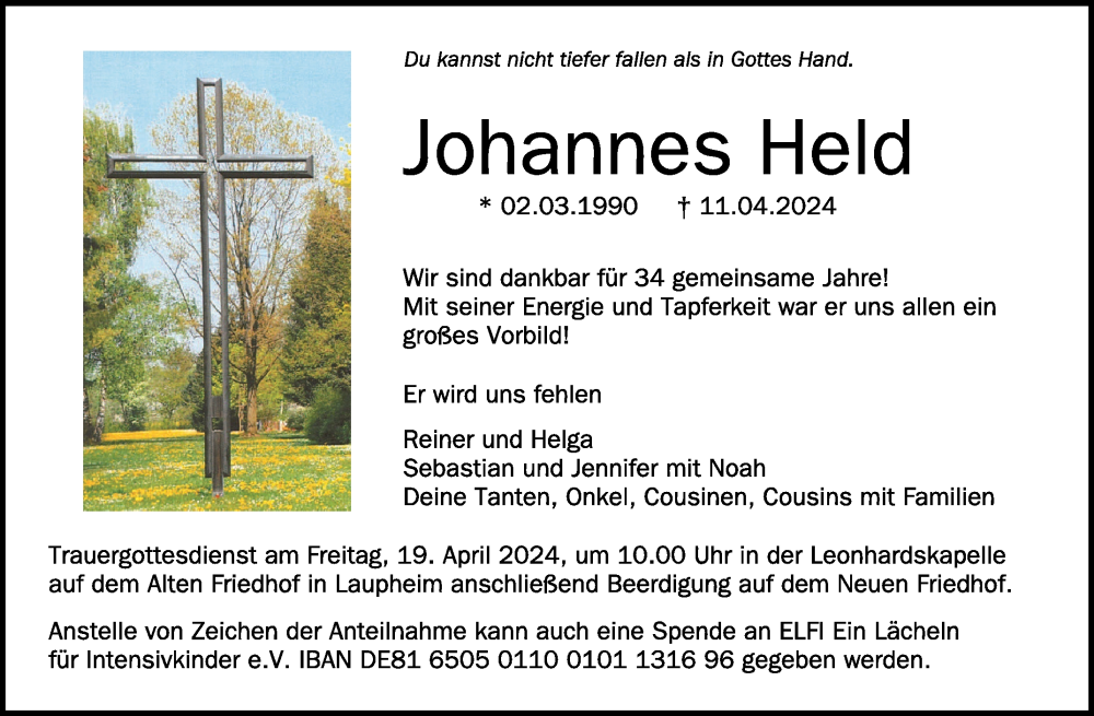  Traueranzeige für Johannes Held vom 17.04.2024 aus Schwäbische Zeitung
