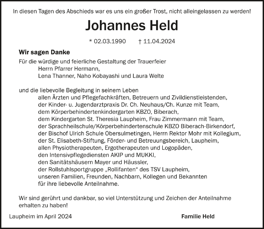  Traueranzeige für Johannes Held vom 30.04.2024 aus Schwäbische Zeitung