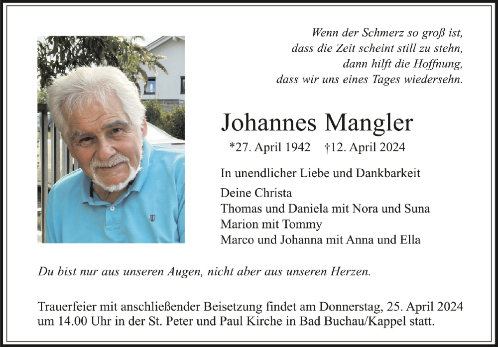  Traueranzeige für Johannes Mangler vom 20.04.2024 aus Schwäbische Zeitung