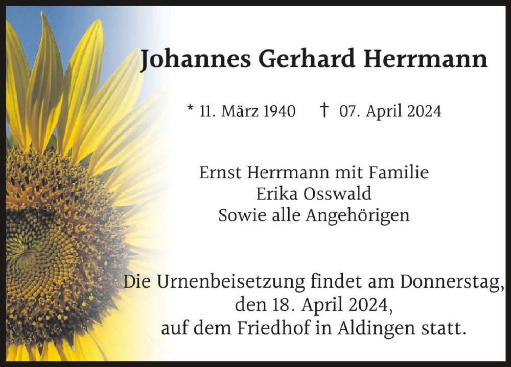  Traueranzeige für Johannes Gerhard Herrmann vom 13.04.2024 aus Schwäbische Zeitung