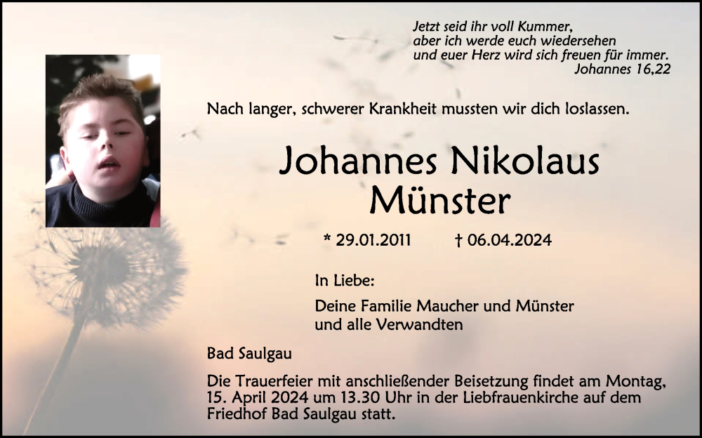  Traueranzeige für Johannes Nikolaus Münster vom 10.04.2024 aus Schwäbische Zeitung