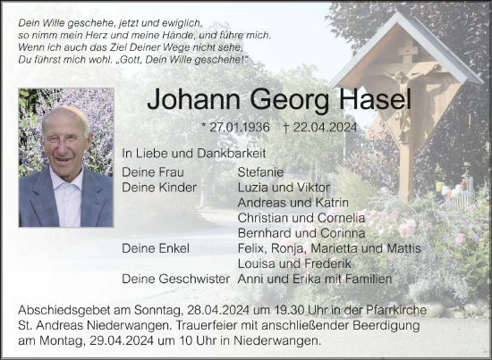 Anzeige von Johann Georg Hasel von Schwäbische Zeitung