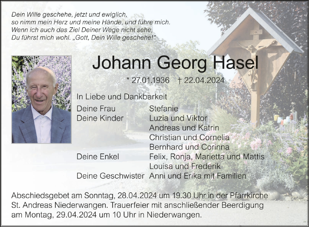  Traueranzeige für Johann Georg Hasel vom 25.04.2024 aus Schwäbische Zeitung