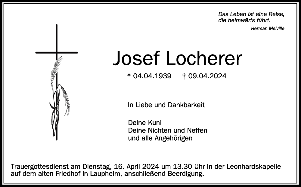  Traueranzeige für Josef Locherer vom 13.04.2024 aus Schwäbische Zeitung