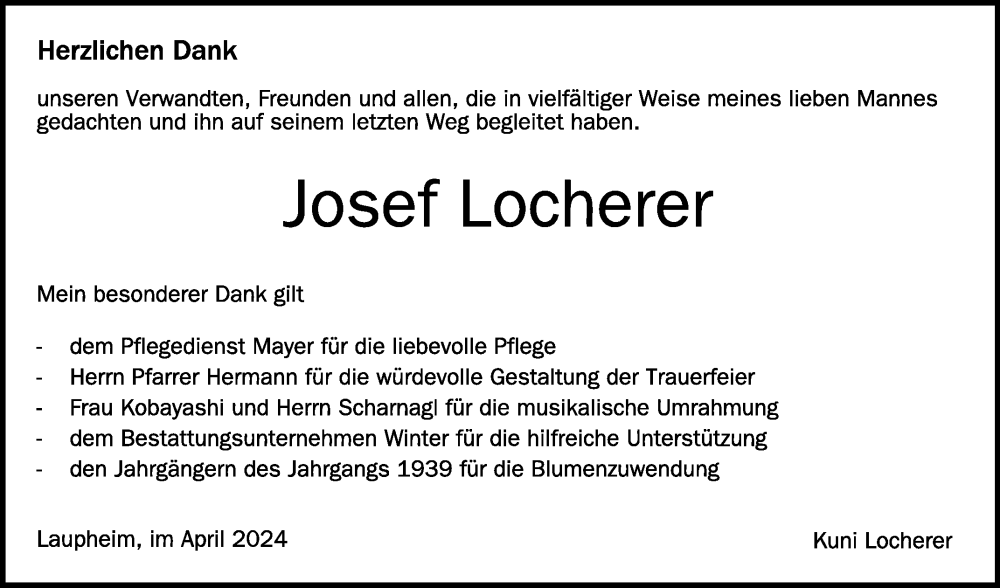  Traueranzeige für Josef Locherer vom 27.04.2024 aus Schwäbische Zeitung