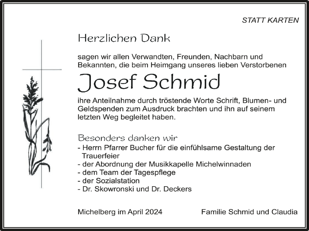  Traueranzeige für Josef Schmid vom 13.04.2024 aus Schwäbische Zeitung