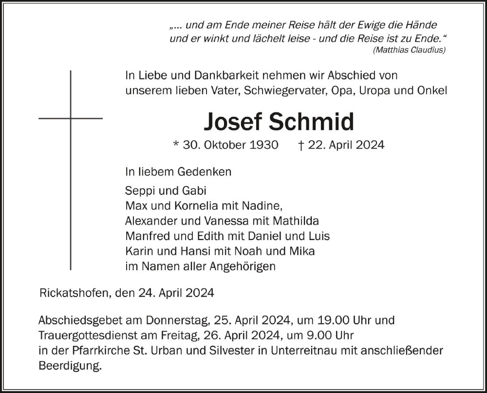  Traueranzeige für Josef Schmid vom 24.04.2024 aus Schwäbische Zeitung