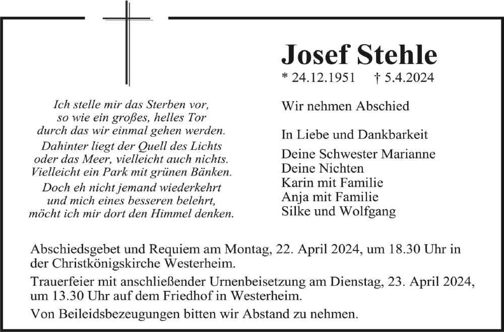 Traueranzeige für Josef Stehle vom 18.04.2024 aus Schwäbische Zeitung