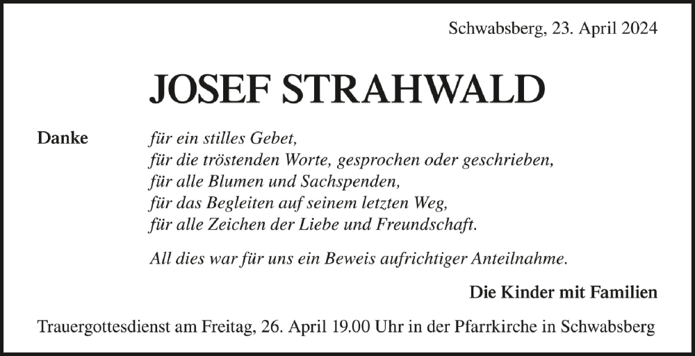  Traueranzeige für Josef Strahwald vom 24.04.2024 aus Schwäbische Zeitung