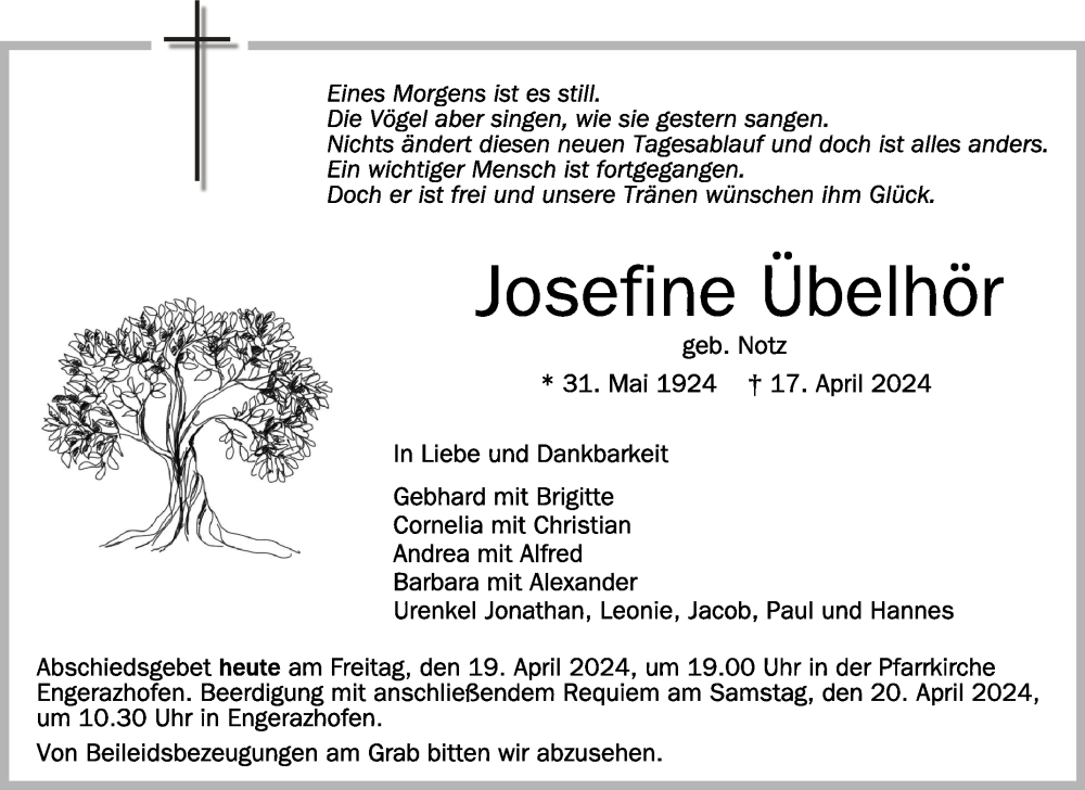  Traueranzeige für Josefine Übelhör vom 19.04.2024 aus Schwäbische Zeitung