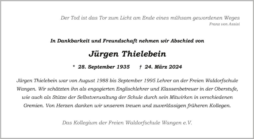  Traueranzeige für Jürgen Thielebein vom 12.04.2024 aus Schwäbische Zeitung