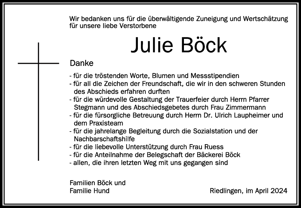  Traueranzeige für Julie Böck vom 13.04.2024 aus Schwäbische Zeitung
