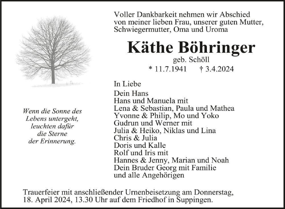  Traueranzeige für Käthe Böhringer vom 13.04.2024 aus Schwäbische Zeitung