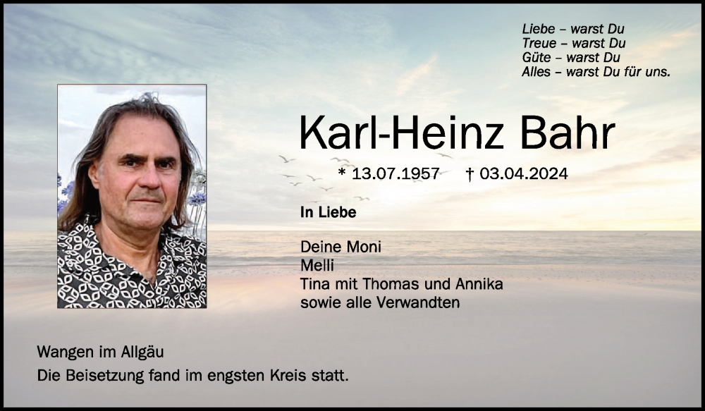  Traueranzeige für Karl-Heinz Bahr vom 20.04.2024 aus Schwäbische Zeitung