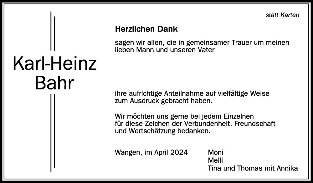  Traueranzeige für Karl-Heinz Bahr vom 27.04.2024 aus Schwäbische Zeitung