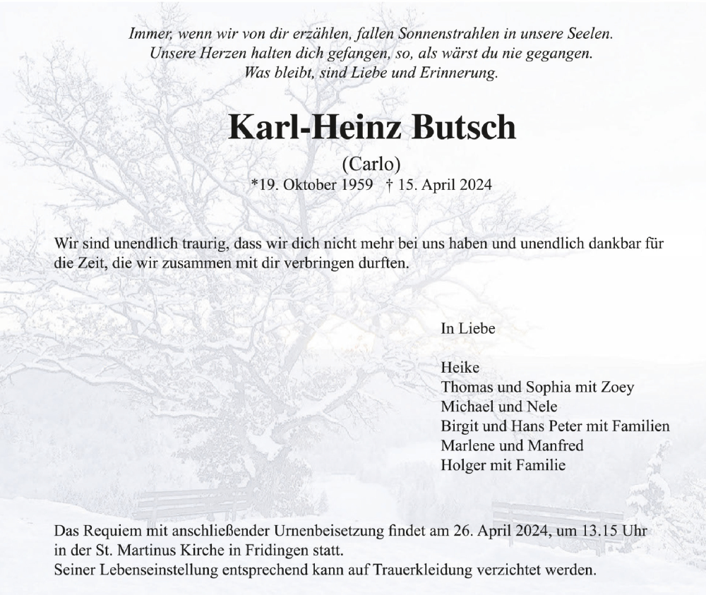  Traueranzeige für Karl-Heinz Butsch vom 24.04.2024 aus Schwäbische Zeitung