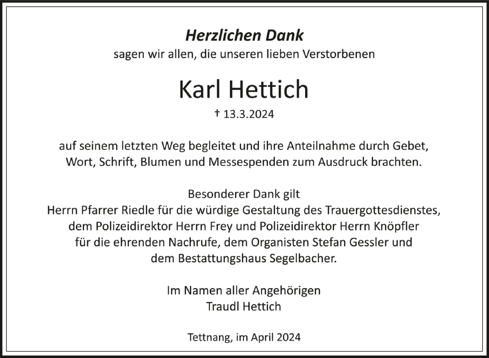  Traueranzeige für Karl Hettich vom 06.04.2024 aus Schwäbische Zeitung